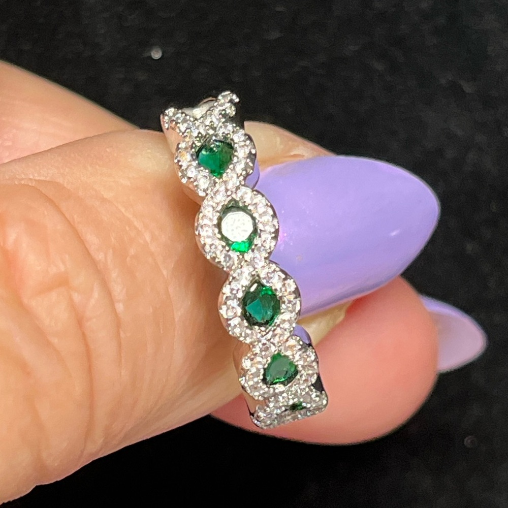 Emerald green sterling  ring -half eternity band